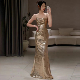 名媛晚礼服吊带连衣裙亮片高定鱼尾裙轻奢端庄大气主持人礼服长裙
