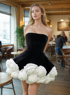 越南小众设计立体花朵公主蓬蓬裙黑色抹胸连衣裙宴会轻奢晚礼服