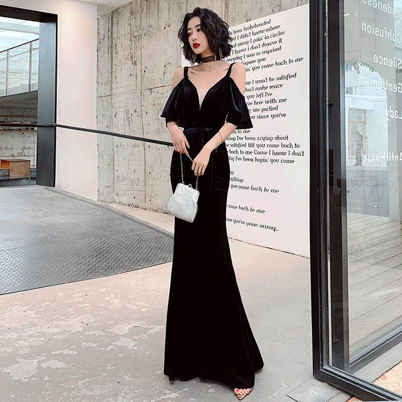 优雅晚礼服女V领吊带露背黑色鱼尾丝绒长款主持人修身显瘦连衣裙