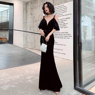 优雅晚礼服女V领吊带露背黑色鱼尾丝绒长款主持人修身显瘦连衣裙