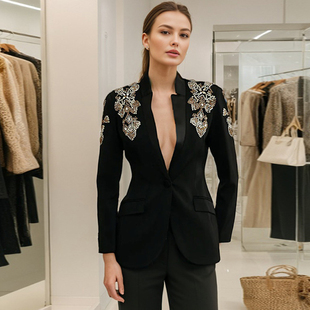 欧美风黑色西装女长袖镶钻一粒扣修身高级感时尚晚宴风西服外套潮