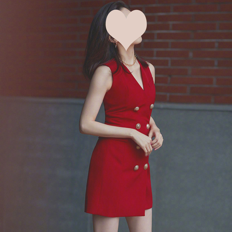 红色双排扣V领西装连衣裙短款女