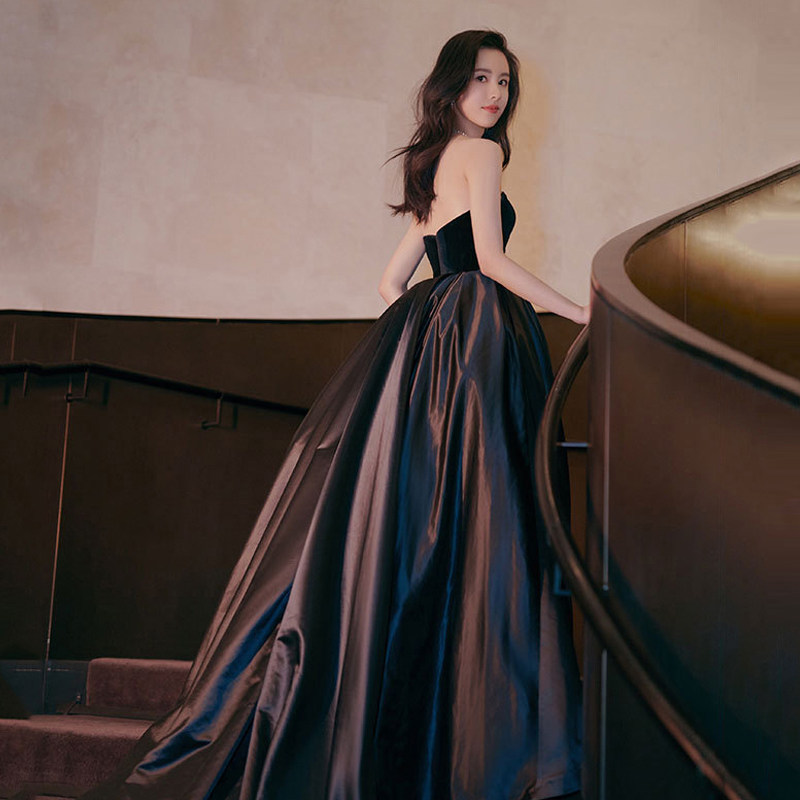 名媛抹胸露背主持人长裙晚宴聚年酒会礼服性感裹胸高腰蓬蓬连衣裙