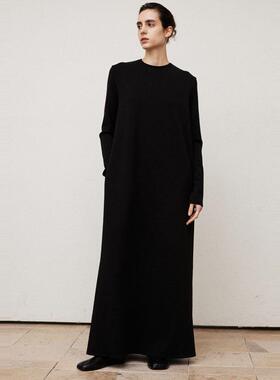 欧美风中东黑白色圆领简约长裙秋冬新款懒人时髦宽松显瘦连衣裙女