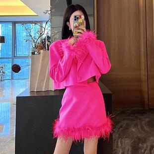 欧美时尚毛毛拼接小西服外套短裙修身显瘦气质女式西装两件套装潮