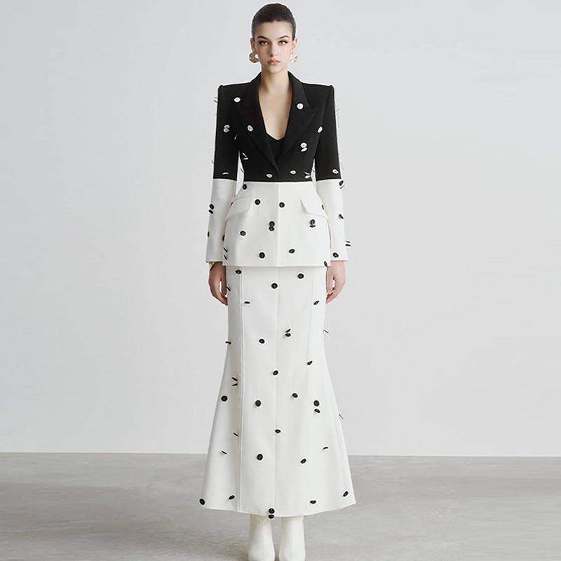 赫本风黑白拼色亮片西服外套修身显瘦鱼尾半身裙韩国时尚两件套女