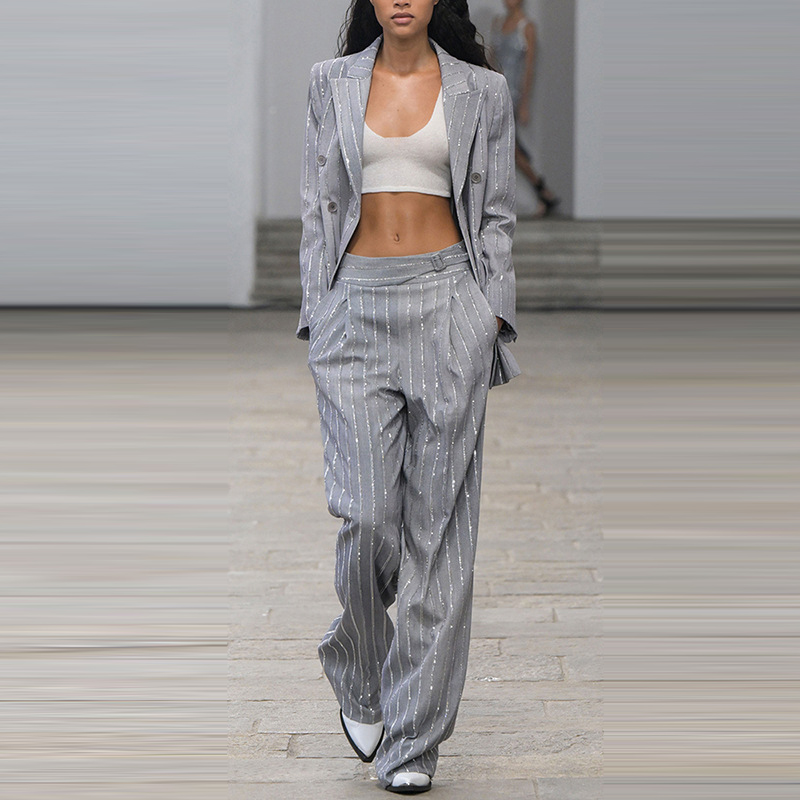欧美风重工烫钻灰色条纹西装套装