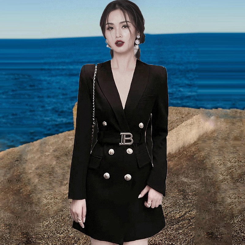 黑色深V领双排扣收腰西服礼服女宴会高级感轻奢御姐风西装连衣裙