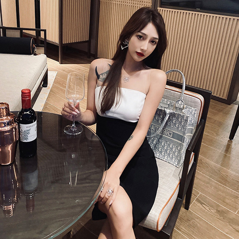 聚会晚礼服撞色蝴蝶结抹胸修身