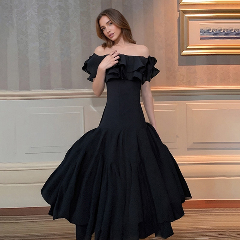 一字肩黑色荷叶边晚礼服裙女轻奢小众主持人宴会气质修身显瘦长裙