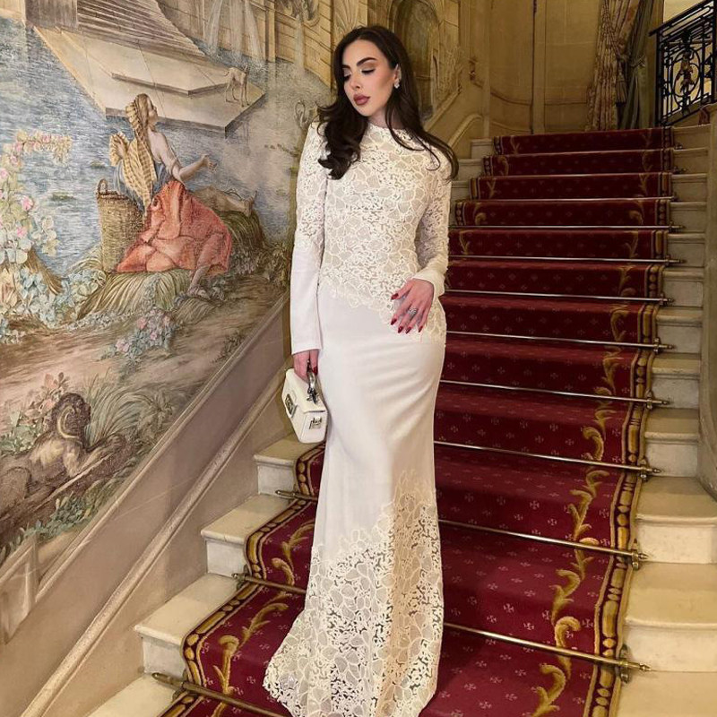 名媛风蕾丝刺绣拼接长裙主持人晚宴聚会礼服修身显瘦拖尾连衣裙女