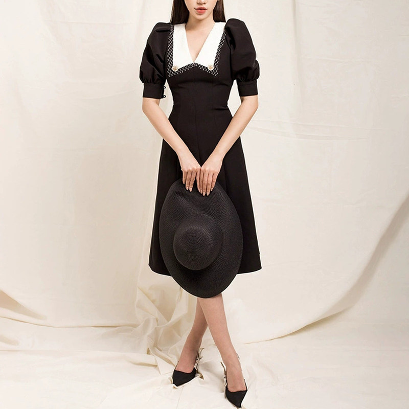 赫本风复古翻领泡泡袖中长裙黑色小礼服小众轻奢收腰显瘦连衣裙女