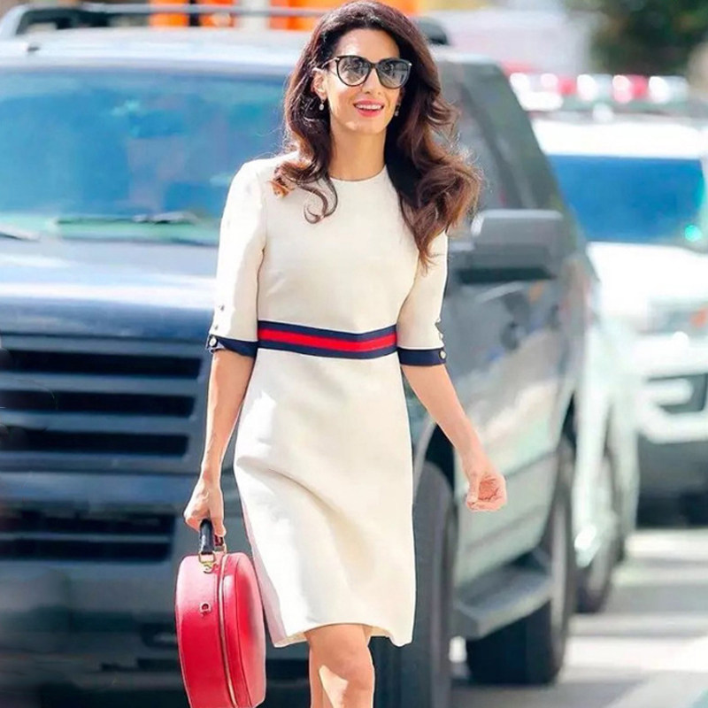 名媛气质新款女装圆领五分袖连衣裙修身显瘦拼色条纹中长裙子潮流