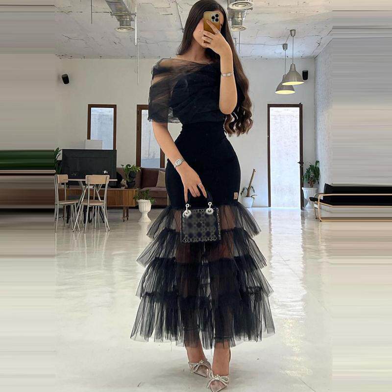 一字领欧美女装连衣裙气质显瘦性感长裙网纱拼接抹胸晚礼服裙子女