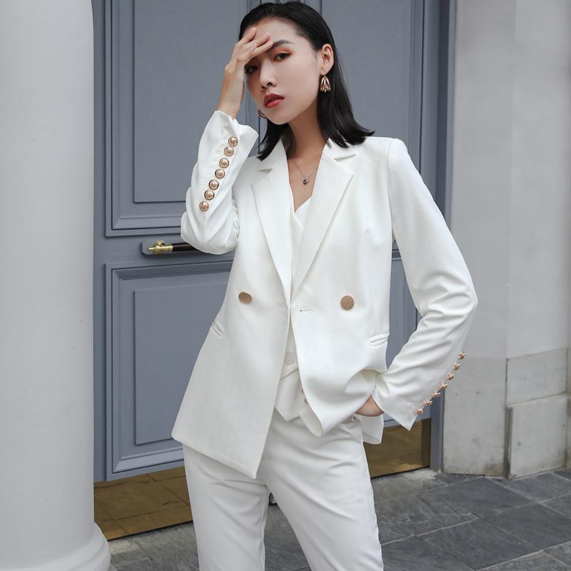 韩版时尚气质白色西服马甲长裤三件套女修身职业套装新款春秋正装