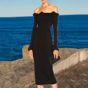 一字肩长袖欧美风性感连衣裙女修身显瘦包臀晚宴聚年会小礼服裙子