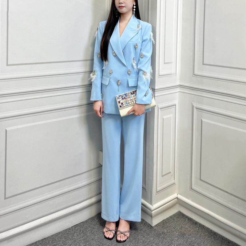 高端名媛御姐干练西装套装女春秋新款钉钻羽毛微喇叭裤显瘦两件套