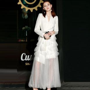 轻奢名媛气质高级感显瘦连衣裙聚会礼服西装领网纱拼接蛋糕长裙女