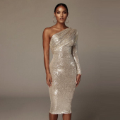 名媛气质斜肩露背修身 包臀连衣裙亮片生日晚宴聚年会主持人小礼服