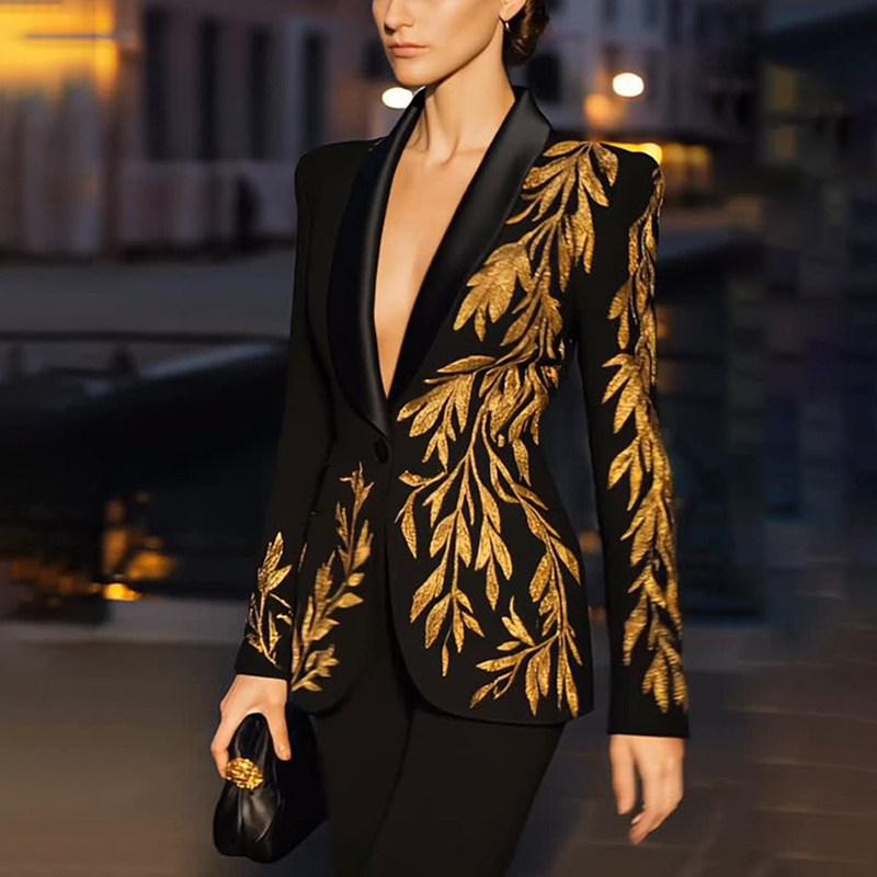 轻奢风黑色刺绣小西装女长袖深V领修身显瘦气质外套高级感西服潮