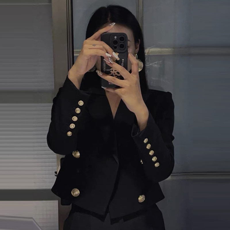 通勤风黑色双排扣西装上衣女长袖职业气质名媛小个子西服短外套潮