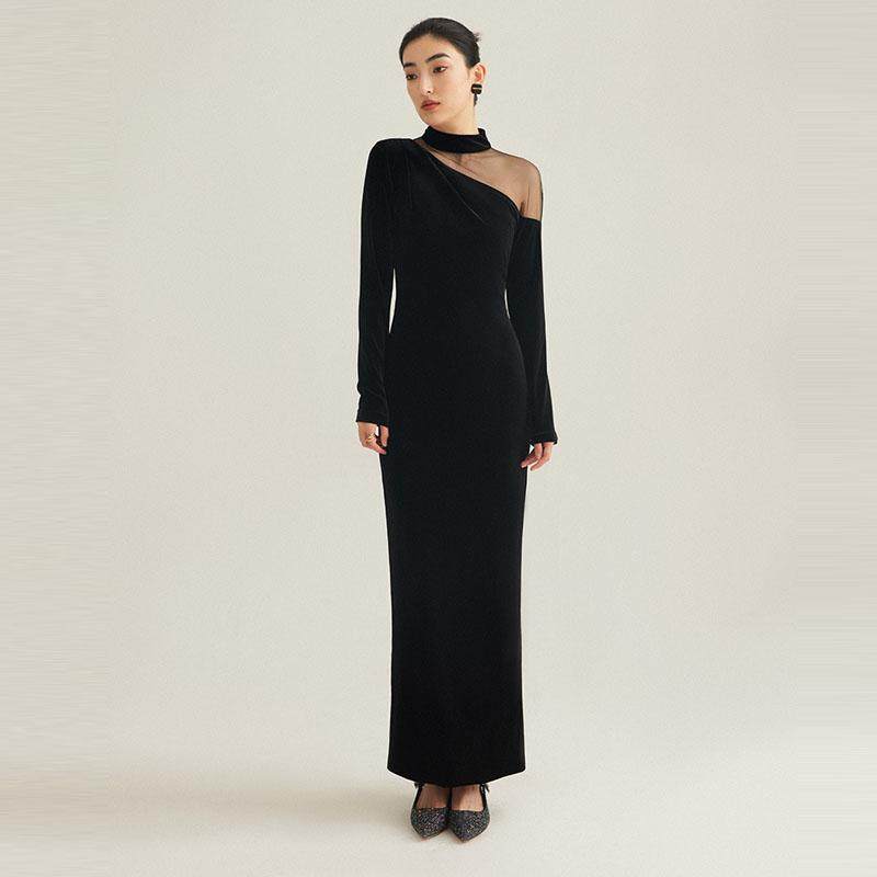 名媛气质挂脖斜肩长袖连衣裙黑色丝绒显瘦晚宴聚会主持人礼服长裙