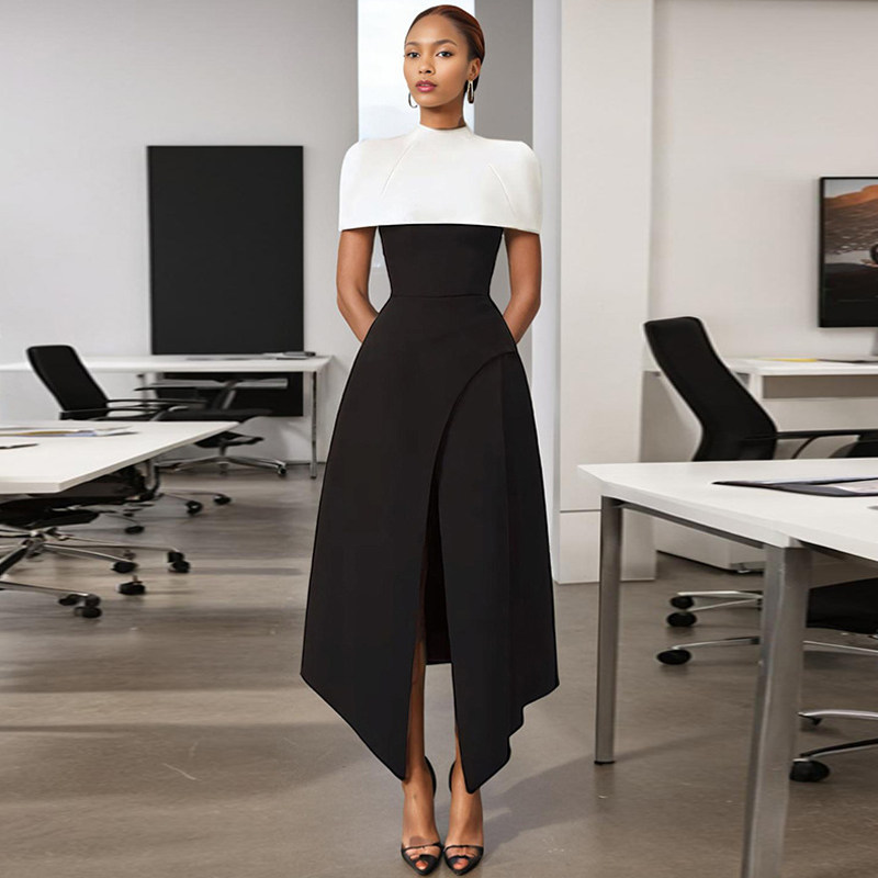 法式气质吊带长裙主持人晚宴聚年会礼服黑白撞色收腰显瘦连衣裙女