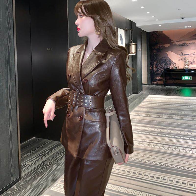 欧洲站PU高级感御姐收腰显瘦修身女神范气质职业西服两件套时尚潮