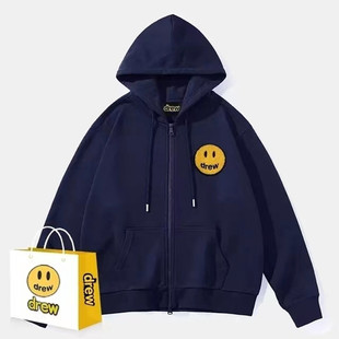 drew笑脸潮牌拉链刺绣卫衣美式 连帽外套 宽松男女情侣加绒运动开衫