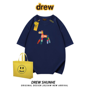 半袖 高街男女纯棉宽松情侣装 tee T恤美式 drew潮牌彩色小马印花短袖