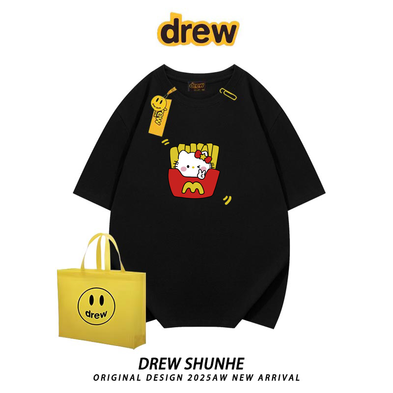 drew潮牌趣味卡通薯条凯蒂猫纯棉短袖T恤男女宽松百搭半袖夏季ins