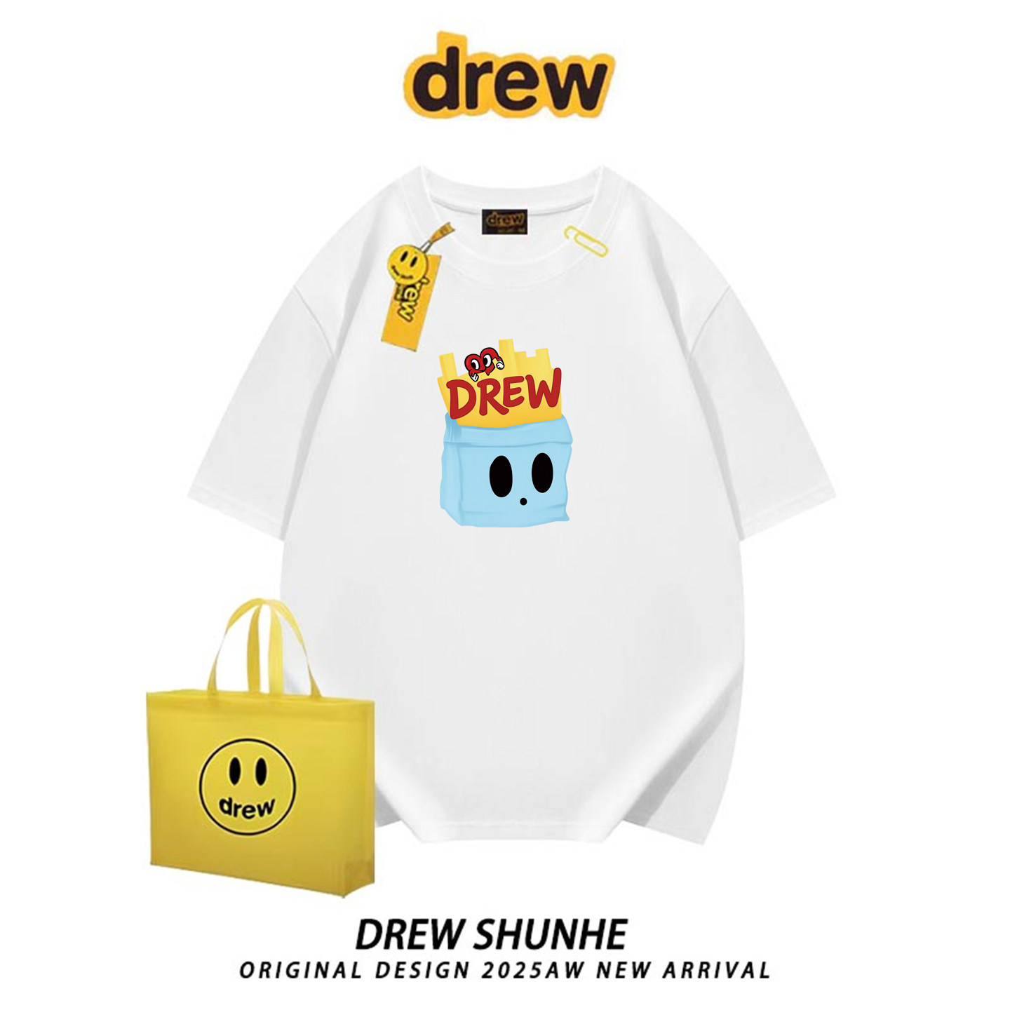 DREW潮牌美式趣味薯条印花圆领短袖t恤纯棉宽松休闲男女情侣半袖