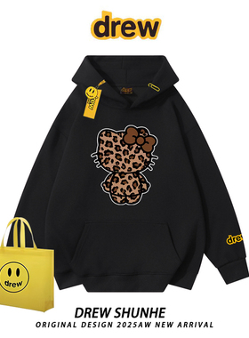 drew复古豹纹HelloKitty连帽卫衣美式街头宽松男女情侣加绒外套潮
