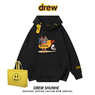 drew潮牌趣味卡通猫咪印花连帽卫衣美式 街头BF风男女情侣加绒外套