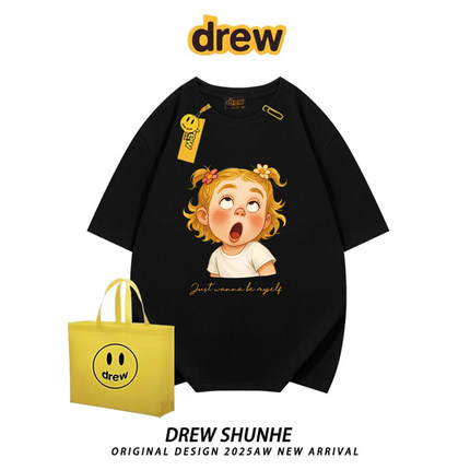 drew潮牌复古卡通小女孩印花短袖T恤美式男女纯棉宽松情侣装半袖