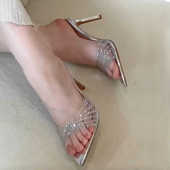 网红透明凉鞋 外穿 细跟水钻银色露趾凉拖鞋 女2026夏新款 尖头高跟鞋