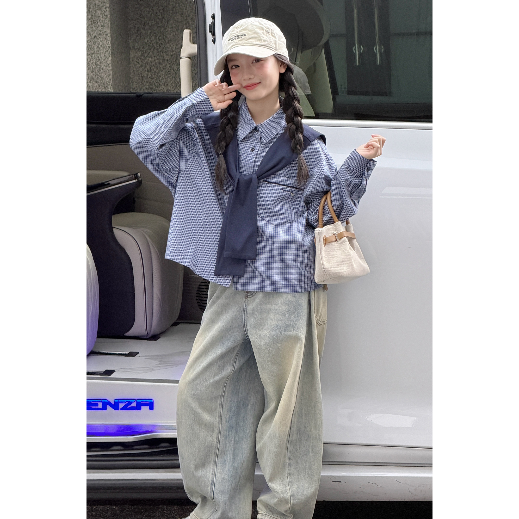 韩版童装2026秋季新款儿童长袖格子衬衫披肩女童牛仔阔腿裤套装