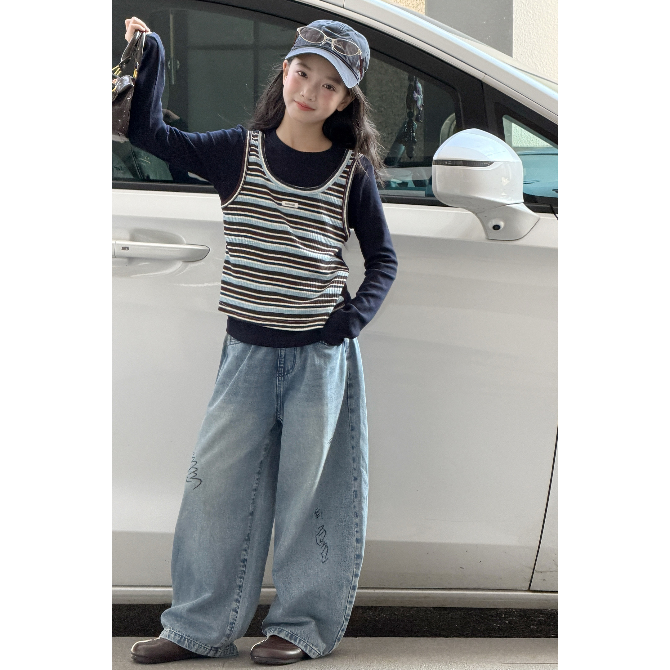 韩系女童秋季2026新款中大童条纹假俩件长袖打底衫牛仔裤两件套