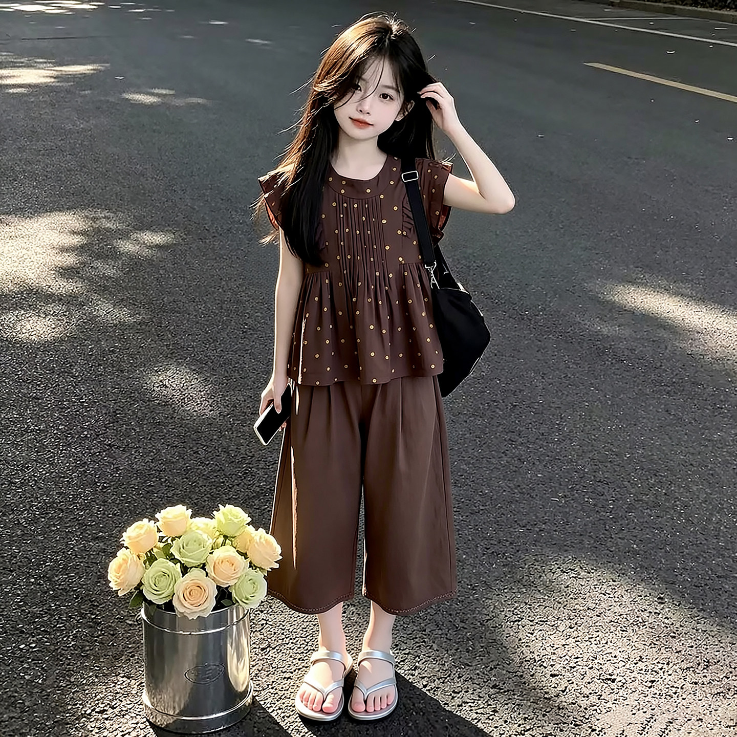 女童波点小衫七分裤套装2026新款夏季儿童中大童韩系薄款夏季套装