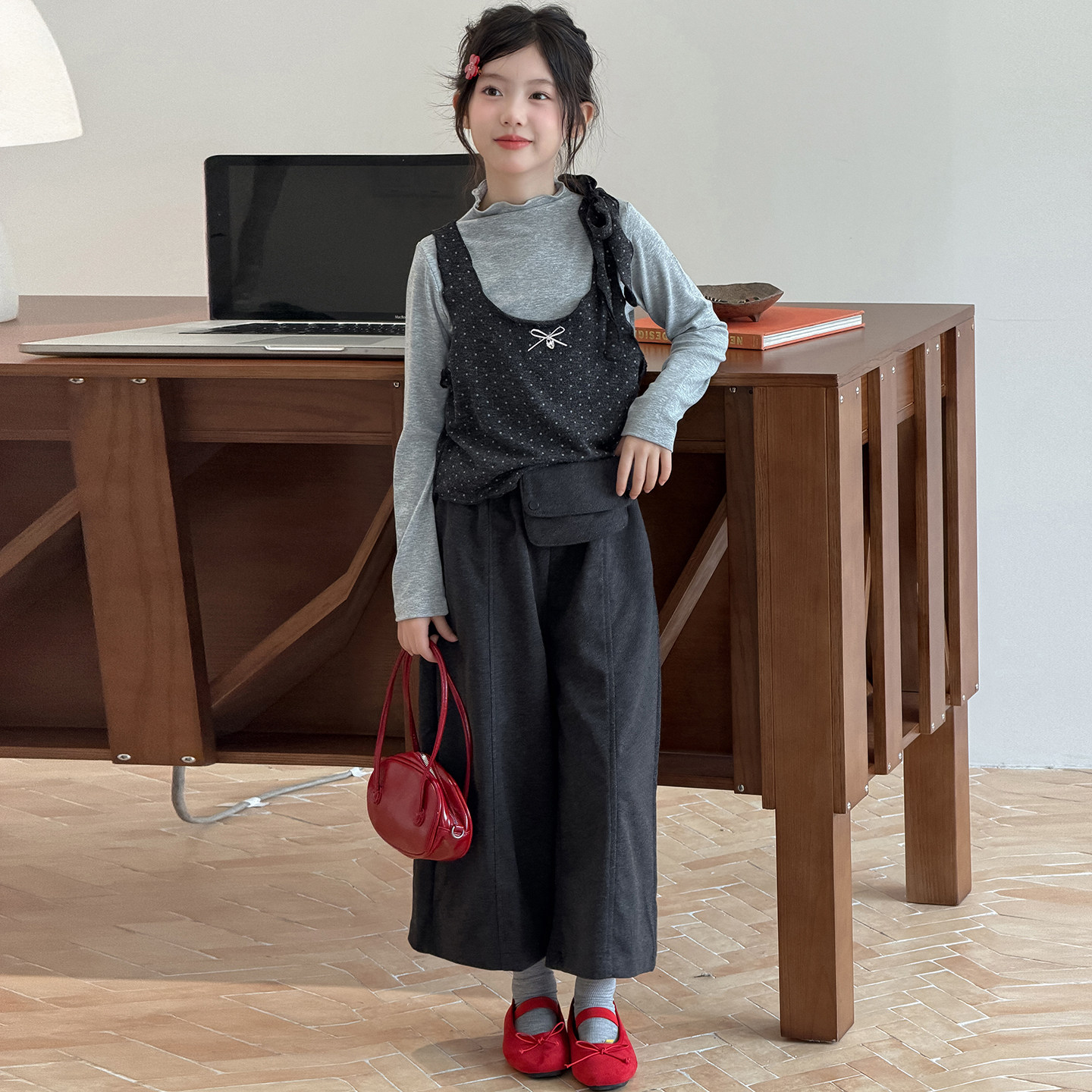 韩系女童秋季波点叠穿三件套2026新款中大童女孩叠穿九分裤套装