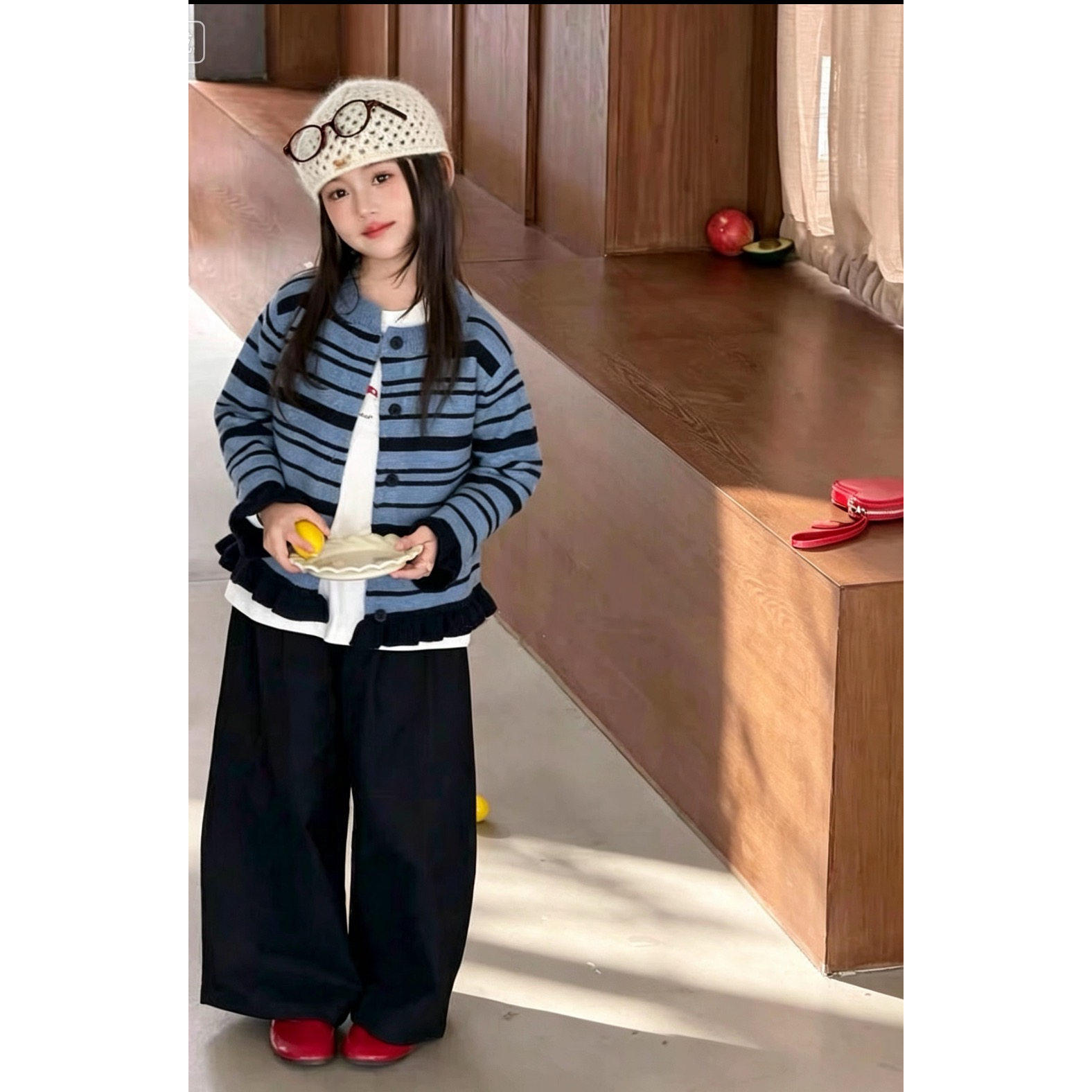 复古女童条纹撞色毛衣开衫2026秋冬新款儿童装荷叶边百搭针织外套