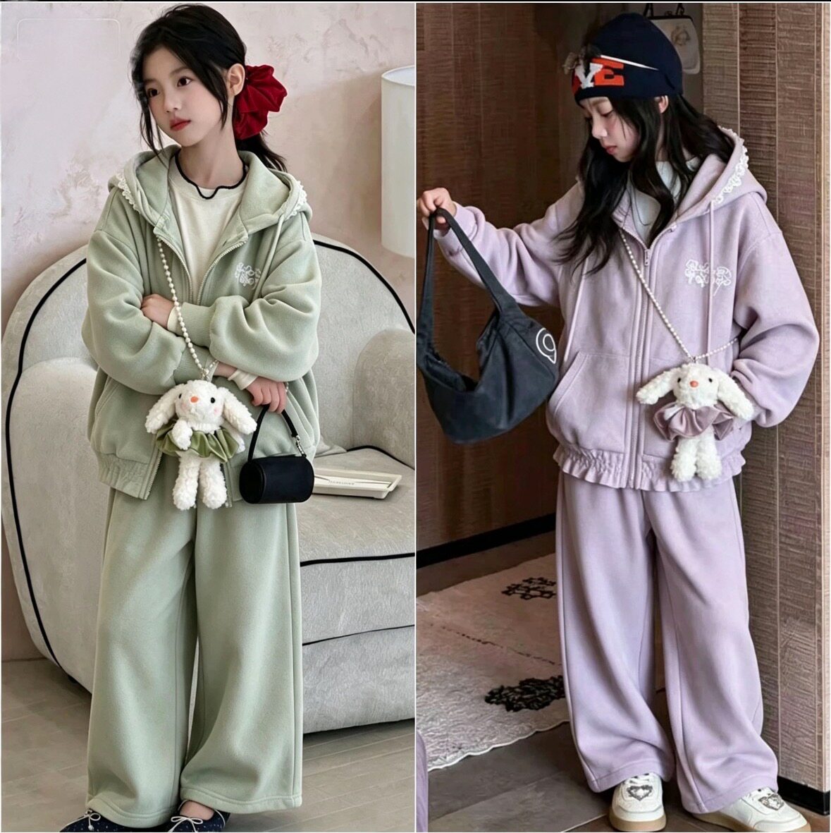 韩国童装女孩纯色卫衣套装2026新款秋季儿童花边连帽外套休闲套装