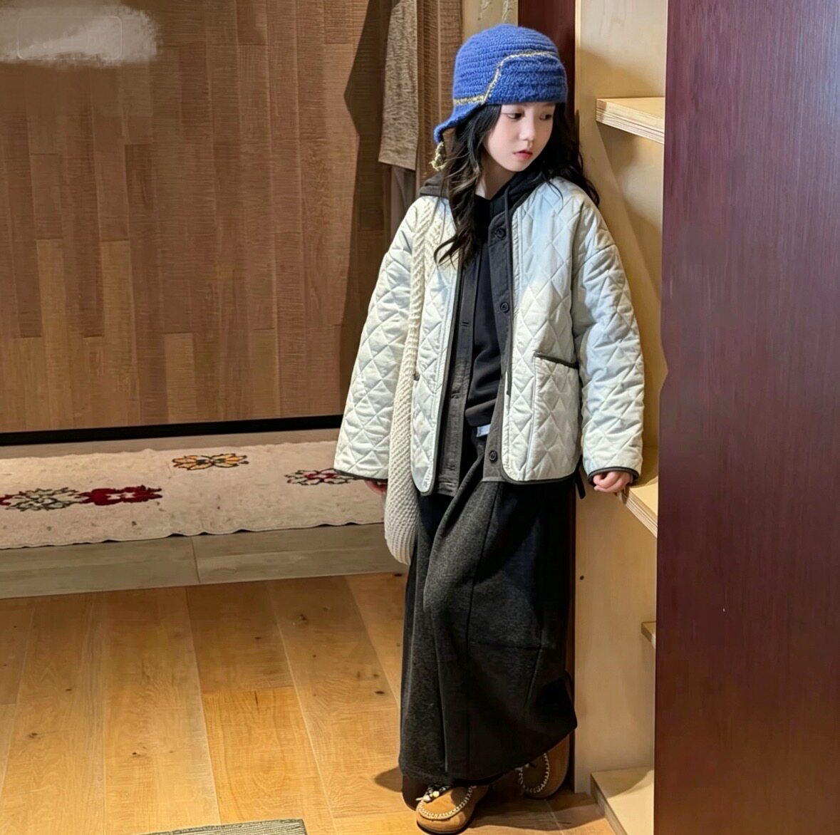 韩系女童菱形格棉服外套2026秋冬季新款儿童洋气夹棉连帽卫衣套装