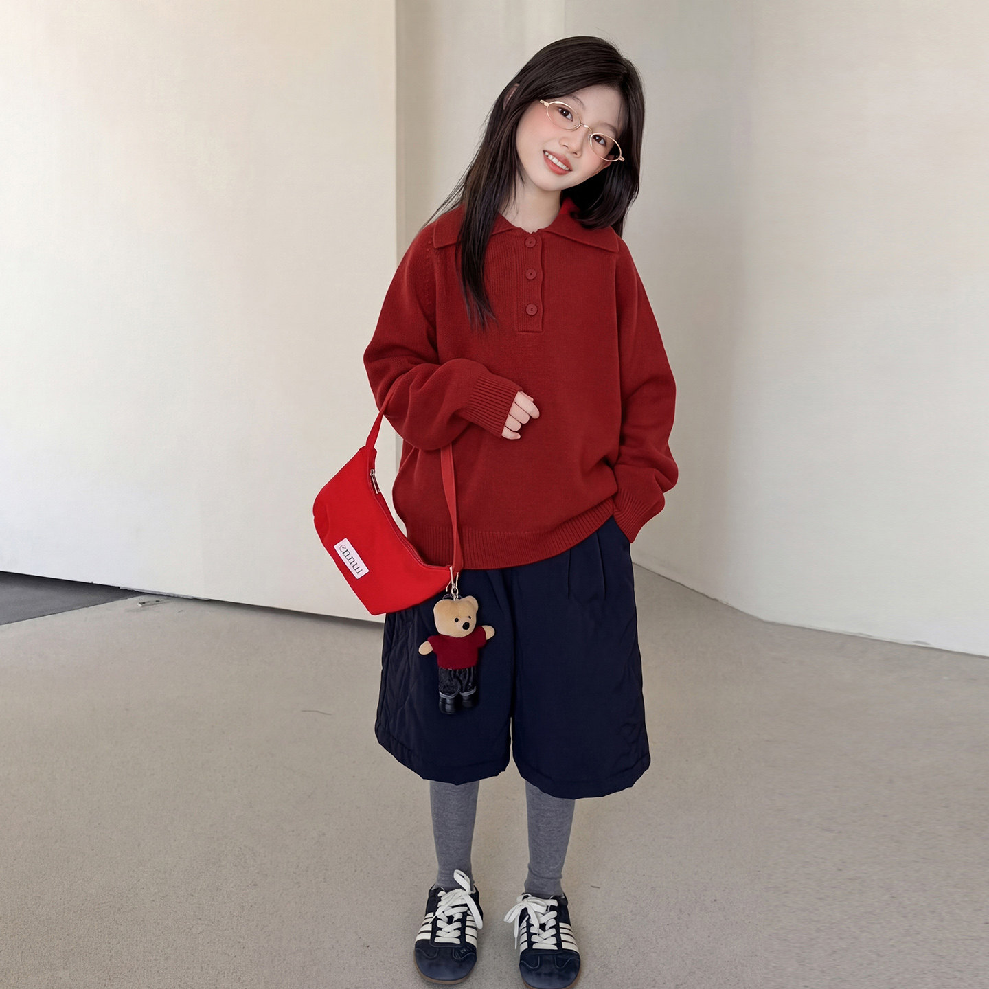 韩系女童休闲毛衣2026新款秋冬季中大童洋气时髦樱桃红儿童装上衣