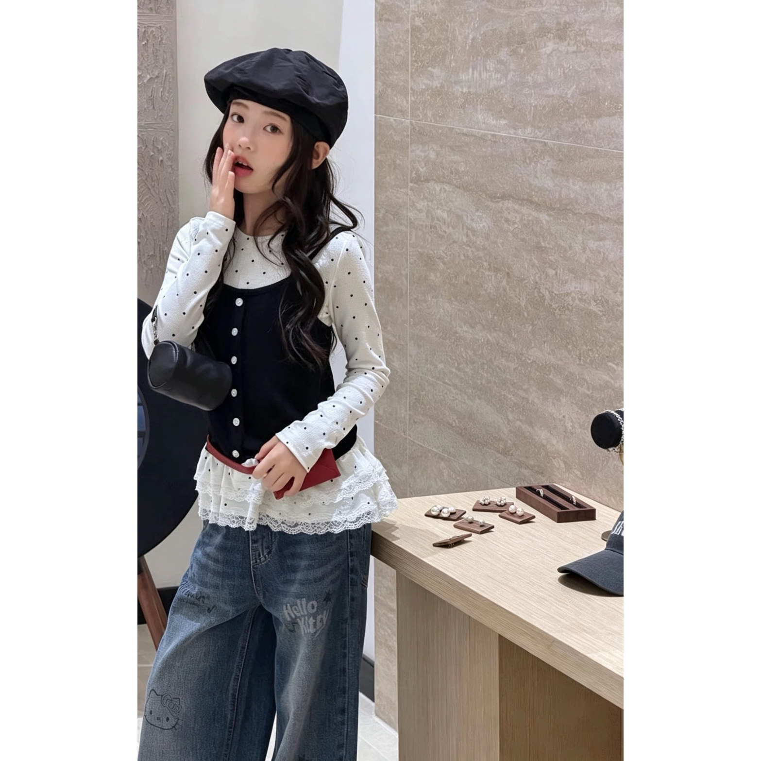 韩版女童波点假两件上衣t2026秋季新儿童蕾丝拼接花边绝美长袖T恤