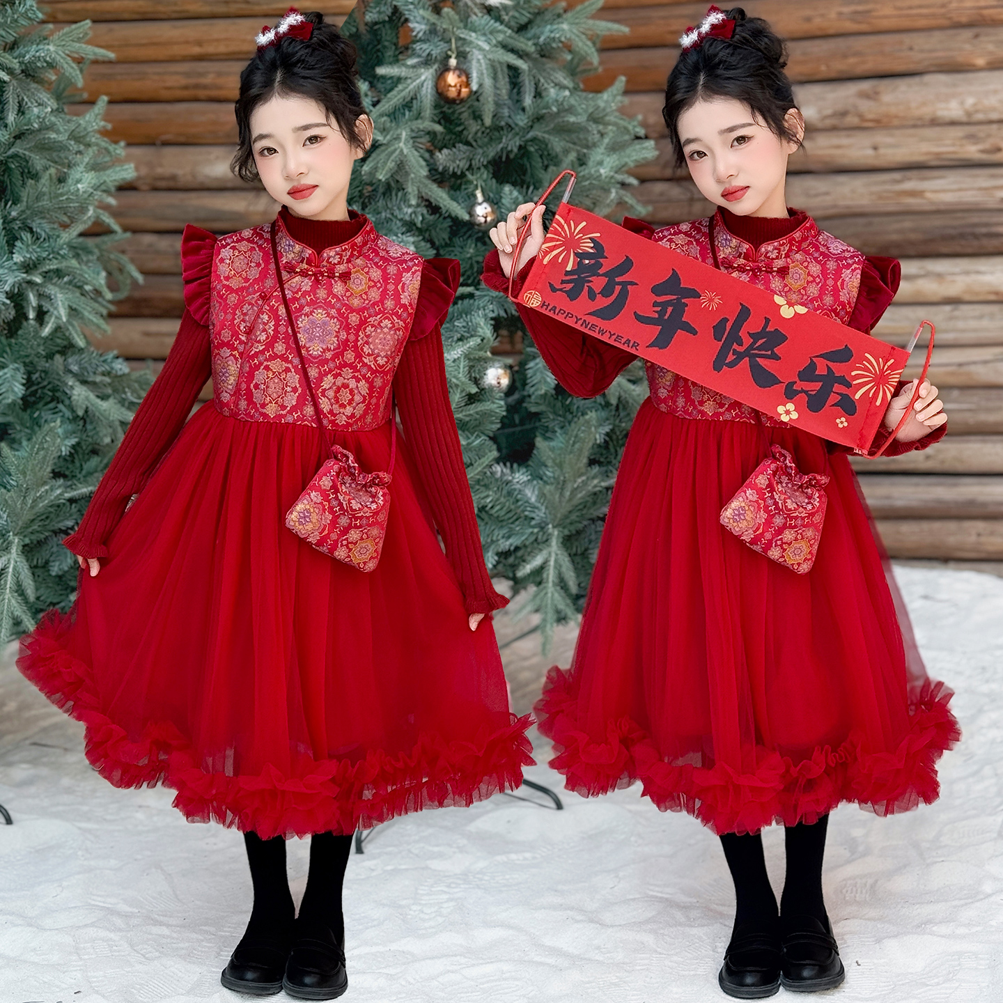 女童裙子2025新款大童女孩冬季加厚红色拜年服儿童过年连衣裙套装