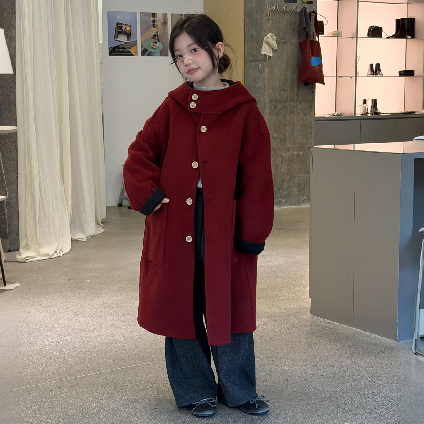 女童韩版双面穿中长款毛呢外套秋冬2026新儿童洋气红色大衣拜年服,童装/婴儿装/亲子装,呢大衣,淘宝优惠券,粉丝福利购,淘宝优惠卷