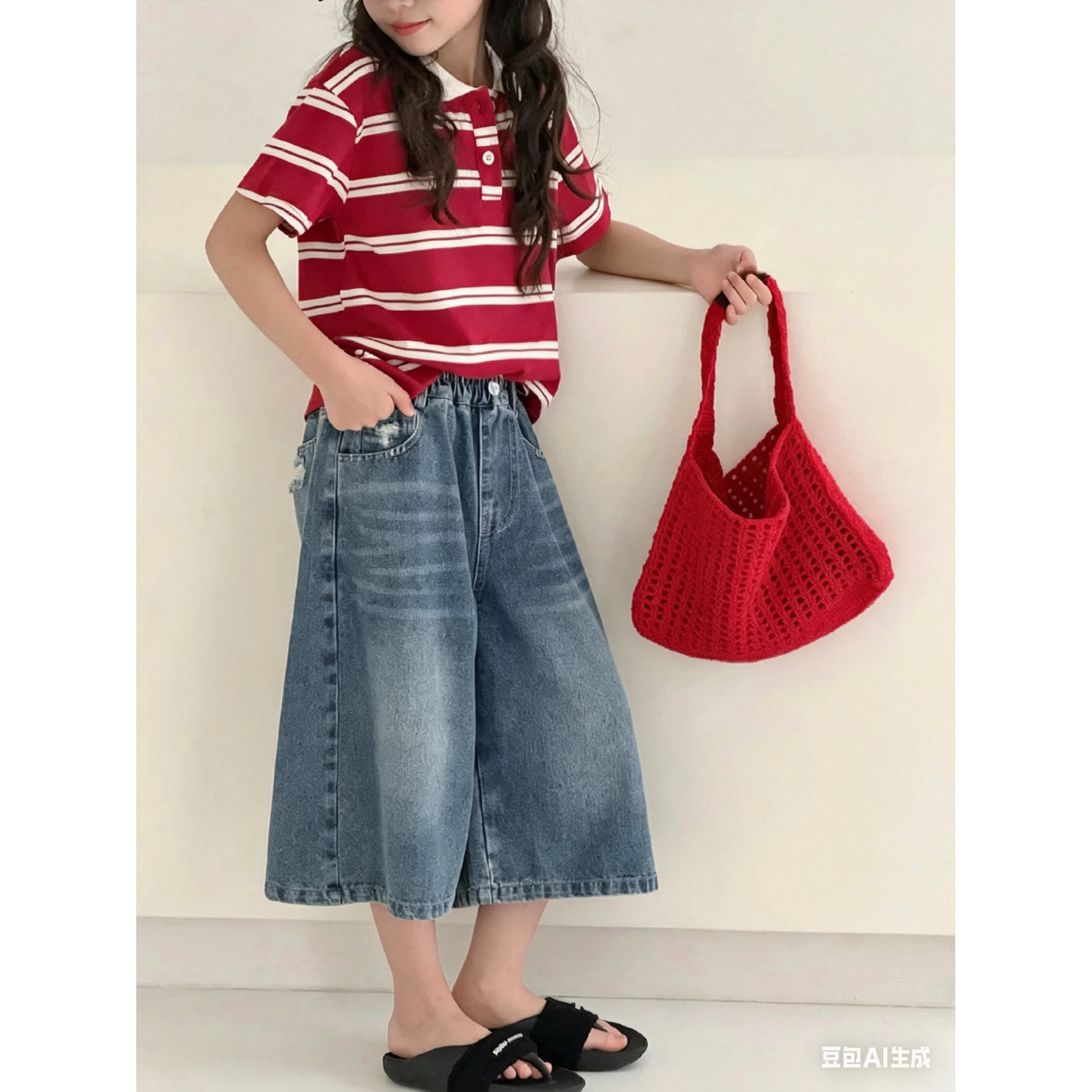 甜美女孩牛仔短裤女童夏季2026新款破洞裤子儿童装宽松脚口七分裤