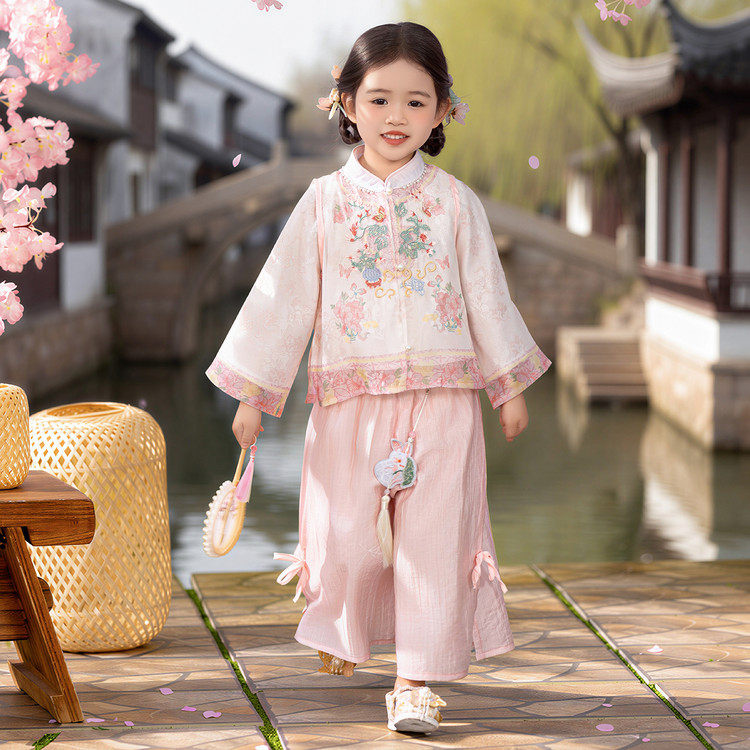 女童汉服织金桃花刺绣演出服春秋款古风传统古典风长袖新中式套装