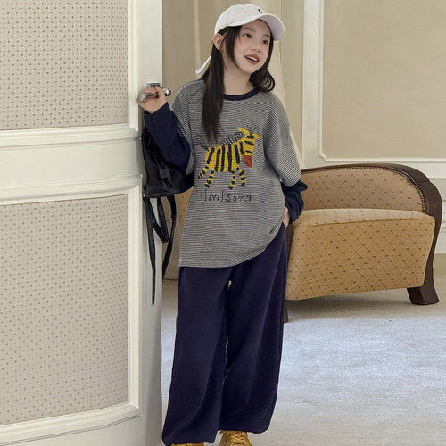 韩国女童春秋套装2026新款儿童卡通假两件长袖T恤秋装卫裤两件套